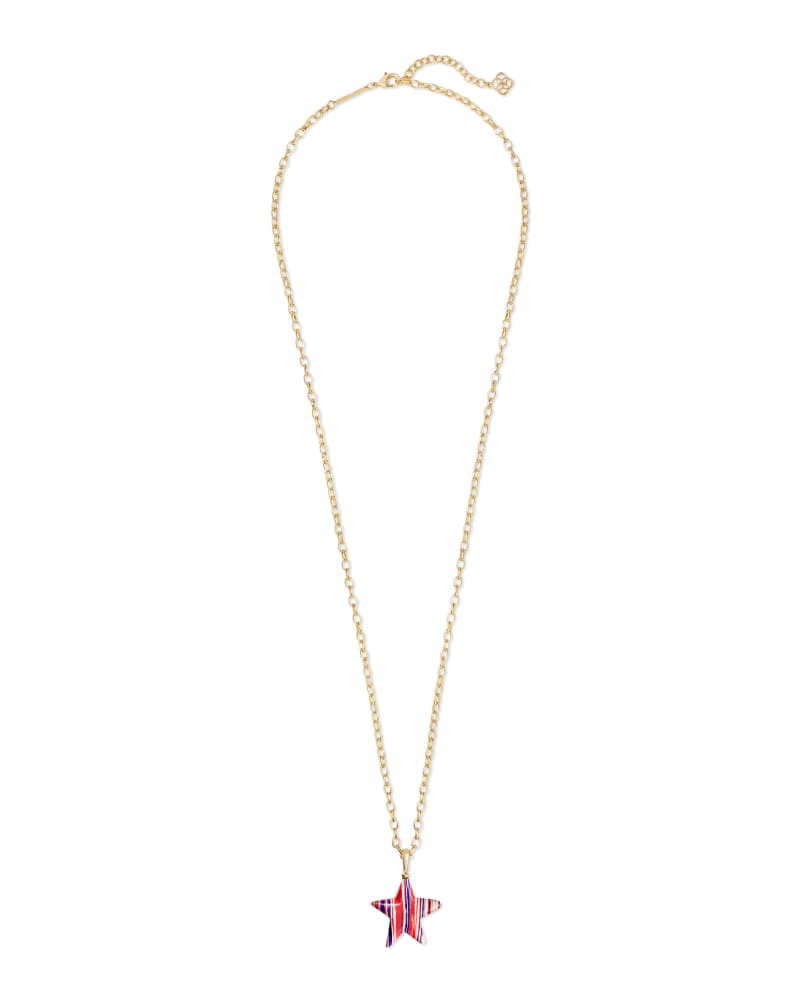 Carved Jae Star Gold Long Pendant Necklace in Pink Rainbow Calsilica image number 2